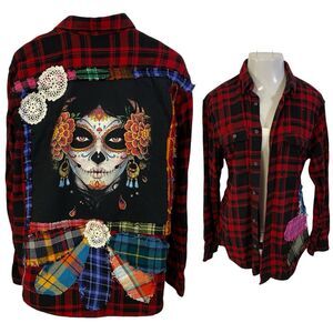 Upcycled Flannel Shirt Womens XL Shacket Red Sugar Skull Grunge Rock Concert